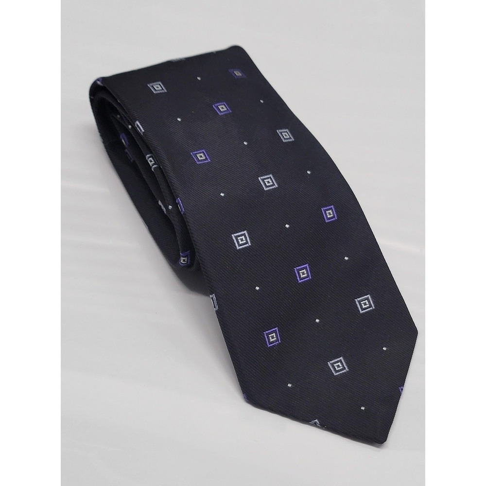 Brioni Tie Mens Black 100% Silk Made in Italy Geometric Square Pattern Handmade